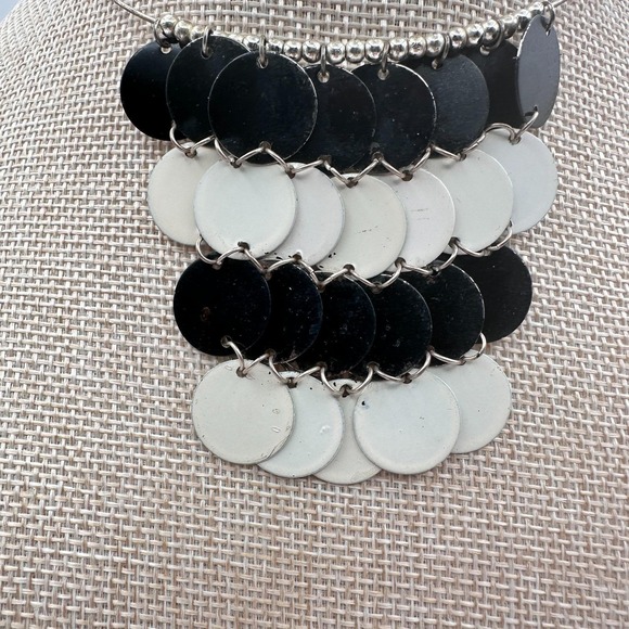 Vintage 90s Modern Black White Enamel Disc Bib Choker Metal Torque Women Jewelry - Picture 3 of 8